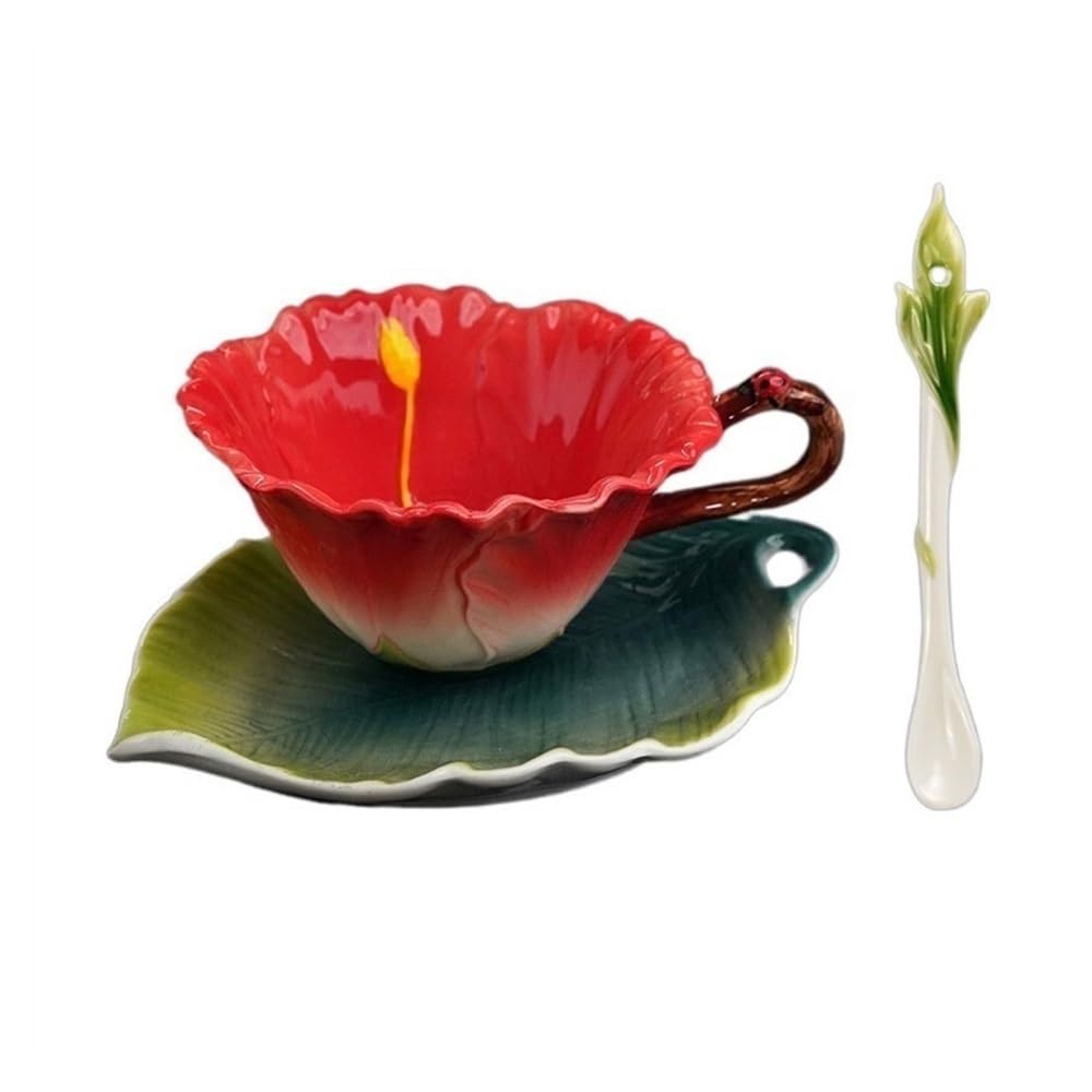 Becher, Tasse, Kreative Pastorale handbemalte Emaille-Farbtasse, Keramiktasse, blumenförmige Kaffeetasse mit Tassenteller und Löffel,Kaffeebecher
