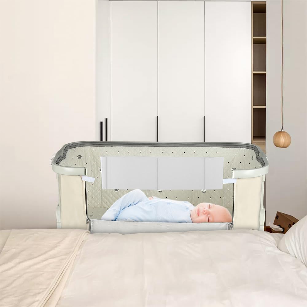 Supfine Berceau Cododo Lits bébé Lit Cododo 4 en 1 Hauteur Réglable Inclinaison Roues Beige