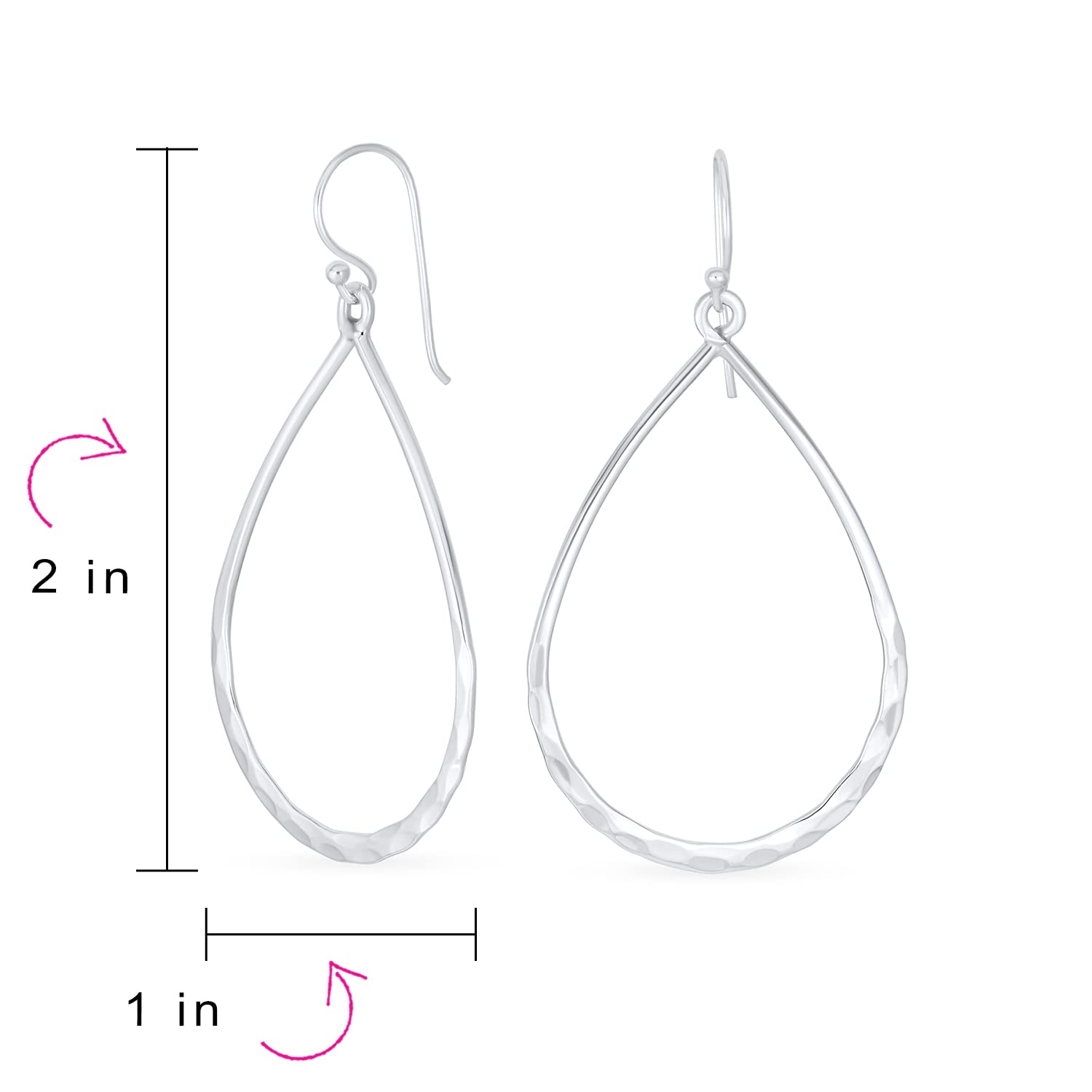 Orecchini a cerchio grande stile boho per donna e ragazza, in argento sterling .925, forma a goccia ovale allungata e aperta, finitura martellata leggera, lunghezza 2 pollici (circa 5 cm), chiusura a