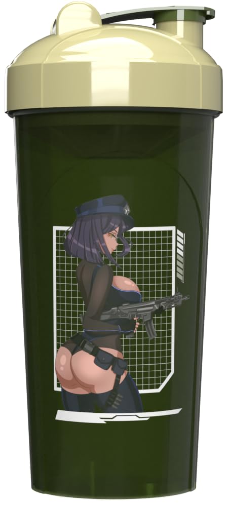 Sexy Gamer Gear Shaker Bottle, Anime Cup, Drink Mixer for Gaming Drinks, Pre Workout, Protein Shakes, Meal Replacement Shakes, and Energy Powder, BPA Free Plastic - 25 oz (Military Assets)