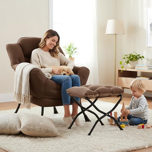 Image of LITA Lazy Chair with Ottoman, Modern Accent Leisure Upholstered Sofa Chair, Contemporary Lounge Reading Chairs with Armrests and a Side Pocket for Living Room, Bedroom & Small Space, Dark Brown