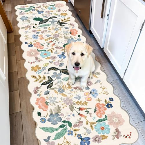 Washable 2x8 Hallway Runner Rug: Vintage Water-Resistant Floral Scalloped Kitchen Entryway Rug Ultra Soft Living Room Bedroom Carpet Non-Slip Indoor Floor Mat for Bathroom Dining Room(2x8,Cream)