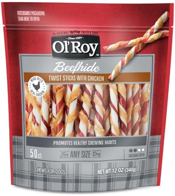OLs -Roy Rawhide Chicken Sticks Dog Treats, Chicken Flavor, 5 Inch, -50 Count, -3 Pack