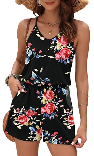 Image of MISFAY Womens Summer Loose V Neck Spaghetti Strap Short Jumpsuit Rompers 2026