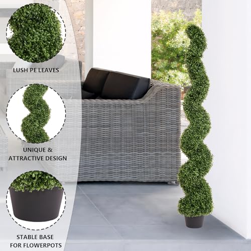 THE BLOOM TIMES 5ft Spiral Topiary Trees Artificial Outdoor Set of 2, Faux Boxwood Plants Outside - All-Year Green Fake Twisted Tree for Garden Front Porch Planter Decor 5 Foot
