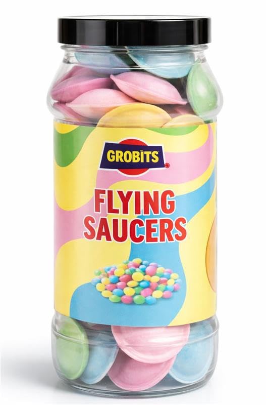 GROBITS - Flying Saucers 65g Retro Sweets Gift Jar Classic Fizzy Candy Traditional Sweet Shop Pick & Mix Sweet Sharing Tub for Birthdays Parties & Gift Giving