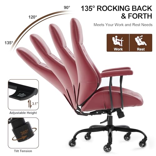 Image of E-Motie Leather Office Chair, Mid Century Modern Desk Chair, Red | Ergonomic, Lumbar Support, 360 Swivel & Rolling Wheels, Adjustable Height, for Adults & Women