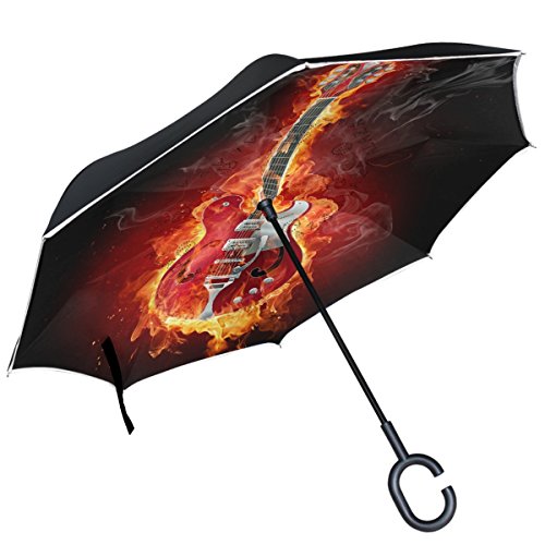 Preisvergleich Produktbild Alaza Regenschirm mit Gitarre, Feuerflammen, Musik, schwarzer Hintergrund, doppelschichtig, winddicht, faltbar, mit C-förmigem Griff
