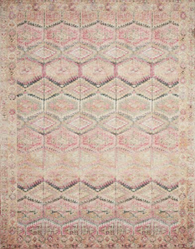 Loloi Layla Collection LAY-17 Pink/Lagoon 2'-0" x 5'-0" .13" Thick Accent Rug, Soft, Durable, Vintage Inspired, Distressed, Low Pile, Non-Shedding, Easy Clean, Printed, Living Room Rug