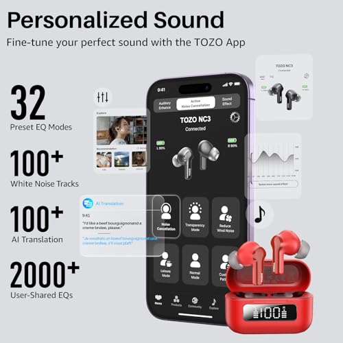 Image of TOZO Hybrid Active Noise Cancelling Wireless Earbuds 6 Mics AI Clear Call | 68H Playtime LED Display 32 Preset EQs App Bluetooth 5.3 IPX8 Waterproof Ear Buds