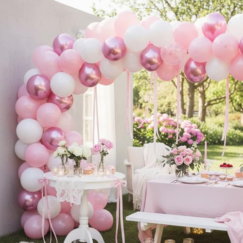Image of Pink Balloons Set, 12 Inch Metallic Light Baby Pink and White Balloon, Pearlpink Ivory Latex Balloons for Girls Women Birthday Baby Shower Wedding Valentine Bachelorette Easter Christmas Party Decor