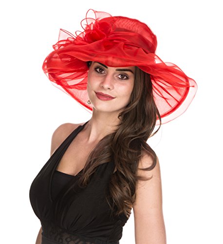 Women's Organza Church Kentucky Derby British Fascinator Bridal Tea Party Wedding Hat Summer Ruffles Cap, Hjh-red Bowknot, Medium - Thumbnail 4