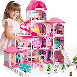 Doll House, Dream Doll House Furniture Pink Girl Toys, 4 Stories 10 Rooms Dollhouse with 2 Princesses Slide Accessories, Toddler Playhouse Gift for for 3 4 5 6 7 8 9 10 Year Old Girls Toys