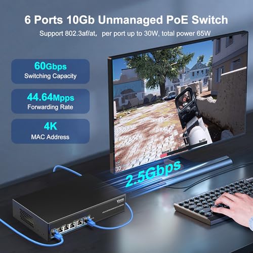 Image of 6-Port 2.5G PoE Switch with Dual 10GBASE-T, Vimin 4X 2.5G +2 x 10Gb RJ45 Ports Unmanaged PoE Switch, 60Gbps Capacity, 65W, 10G Switch Desktop Network PoE Switch for NAS, PC, Wireless AP
