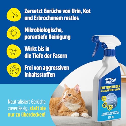 Green Hero Enzymreiniger & Geruchsneutralisierer 750 ml | Katzenurin & Hundeurin Entferner | Extrem Geruchsentferner für Räume zum Katzen Urin Geruch neutralisieren