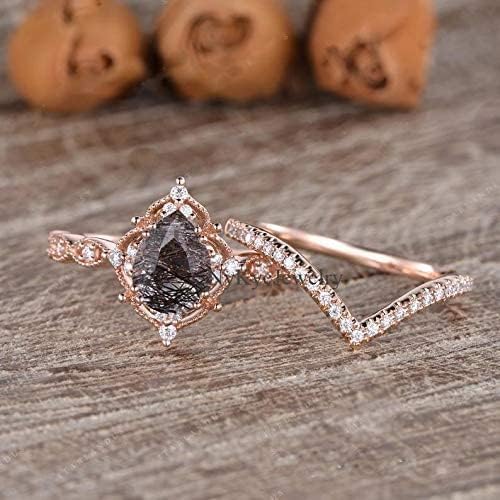 Black Rutilated Quartz Engagement Ring Set for Women, Vintage Art Deco Wedding Ring Set, Gothic Black Stone Bridal Ring, Unique Promise Ring, Rose Gold Statement Anniversary Jewelry Gift