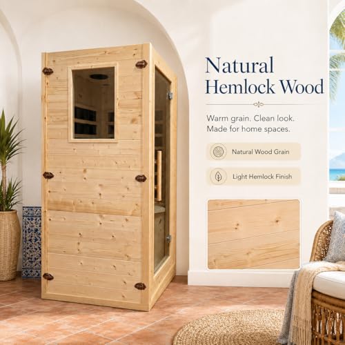 Mini Sauna 1 Person Far Infrared Sauna for Home, 4.9ft Space Saving Indoor Sauna with Side-Opening Glass Door & Side Window, Natural Spruce Wood Dry Spa, 900W Rapid Warm-Up, Bluetooth, Cup Holder - Image 3