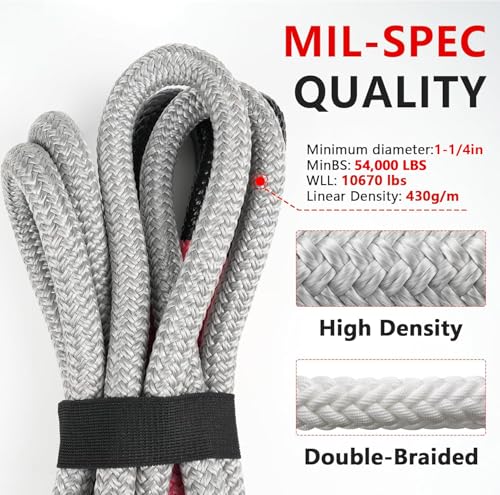 Image of NTR 1-1 /4 inch x 30' Kinetic Recovery Tow Rope (54,000lbs), with 2 UHMWPE Soft Shackles (56,000lbs), Heavy-Duty Offroad Snatch Strap, Vehicle Recovery kit for Jeep car Truck ATV UTV SUV, Grey