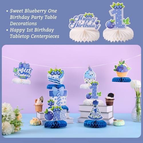 Image of 9pcs Blueberry First Birthday Honeycomb Centerpieces Sweet One Berry Party Table Decorations Blueberry Tabletop Centerpieces for Baby Shower One Birthday Table Topper Sign Decorations