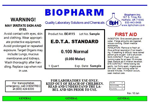 E.D.T.A. Standard 0.050 Molar (0.100 Normal) |1 Quart Bottle | Biopharm | Ethylene Diamine Tetra-Acetic Acid | for Hardness Titration