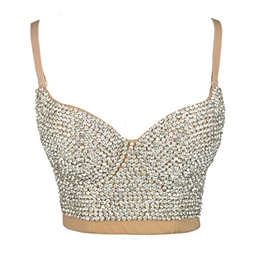 ELLACCI Women's Handmade Rhinestone Diamond Push up Bustier Crop Top Sexy Punk Corset Bra Khaki2