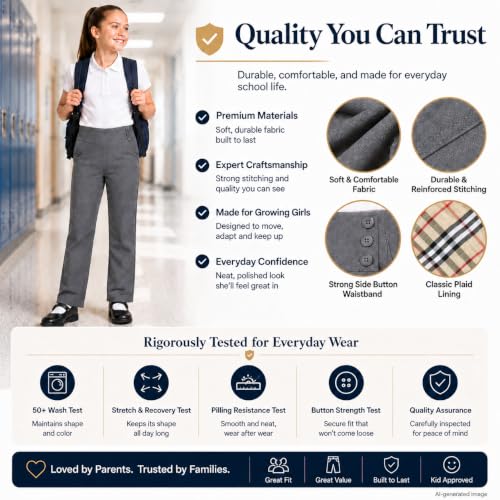Image of Bienzoe Adjustable Waist Girls Pants: School Uniform Straight Leg | Growing kids Aged 3-13, Classroom, Campus Activities, Adjustable Fit Support, Private Academy Events, Soft Comfort, Easy Care