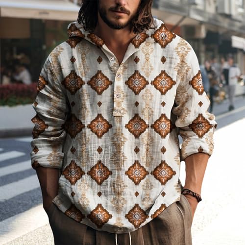 LOAIHA Mens Bohemian Ethnic Print Hooded Henley Shirt Long Sleeve Cotton Blend Lightweight Pullover Top for Fall Winter2