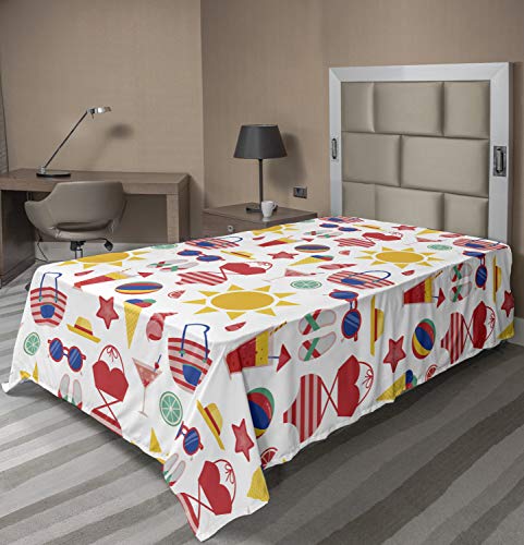 Ambesonne Summer Flat Sheet, Freshening Summer Time Beach Elements on a Plain Background Vacation Necessities, Soft Comfortable Top Sheet Decorative Bedding 1 Piece, Twin Size, Multicolor