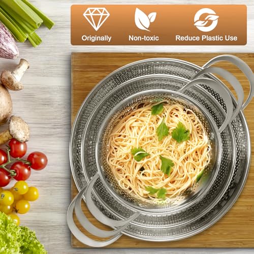 Image of Stainless Steel Colander Set of 3 (1.5-3-5Quart) | Durable Rice and Pasta Strainer with Handle | Oversized Handles | Nesting Design | Rust-Resistant & Dishwasher Safe