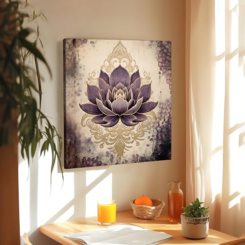 Image of PAINTINGMANTRA Abstract Lotus Canvas Stretched Canvas Painting for Living Room | Indian Folk Artwork Wall Decor Art For Livingroom, Bedroom, Office, Hallways - 22x22 Inch