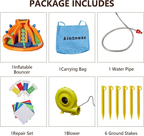 Inflatable Waterslide Dinosaur Themed Water Park With Two Slides, Climbing Wall & Splash Pool, Water Cannons, Indoor Outdoor Blow Up Bounce House Blower For Backyard Outdoor Fun Party Gifts #TOP4