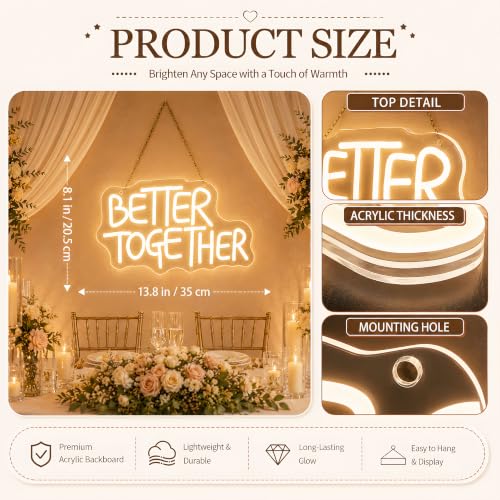 Image of Better Together Neon Sign, Romantic LED Wall Light for Wedding Decor, USB Powered Dimmable Neon Light for Bedroom Living Room Couple Party, Couple Gift Idea, 13.8 x 8.1 in
