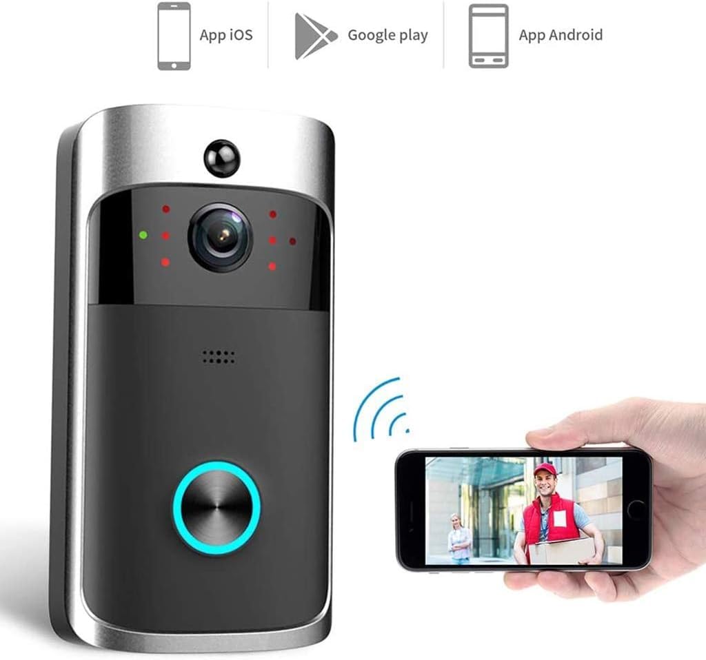Timbre con vídeo, Timbre Inteligente, cámara de Seguridad WiFi, bidireccional, vídeo con detección de Movimiento PIR, Control de aplicación remota (Color : Nero)