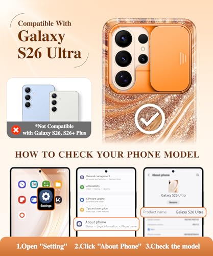 Image of GVIEWIN for Samsung Galaxy S26 Ultra Case, [Slide Camera Cover & Built-in HD Screen Protector] [2 Front Frames] Shockproof Military Grade Protective Marble Phone Case for S26 Ultra 6.9 inch (Amber)
