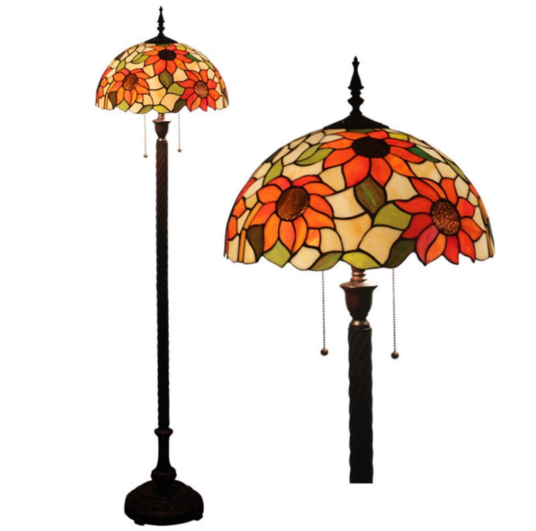 IUokLU Tiffany Style Standing Lamp Pastoral Sun Flower Stained Glass Floor Lamp with 16 Inch Double Zipper Switch Reading Floor Lamps for Living Room Bedroom Lighting,E27*2,B,16inch (B 16inch)
