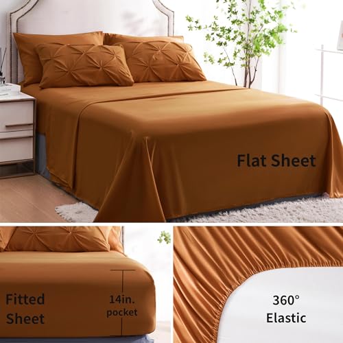 Ubauba 7pc Burnt Orange Queen Comforter Set, Rust 7 Piece Pintuck Bed in a Bag with Sheets, All Season Pinched Pleat Bedding Comforters & Sets,(Rustic, Queen Size)
