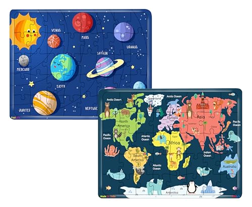 Image of Fiddlys 40 Pcs Paperless Wooden Jigsaw Puzzle for Kids & Children Age 4+ Learning Educational Double Layered Wooden Puzzles with Bright Front & Back Print (World Map & Solar System)