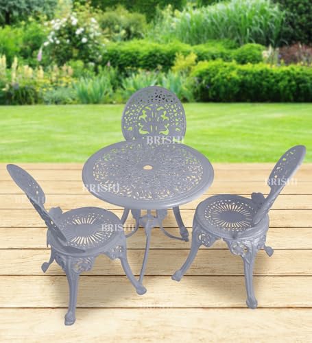 Image of BRISHI Cast Aluminium Garden Patio Seating Chair and Table Set for Balcony Outdoor Furniture with 1 Table and 3 Chair Set (White) (Grey)