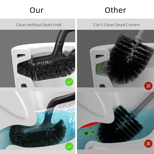 Image of HAMITOR Toilet Bowl Brush Holder Set: Bathroom Deep Cleaning Toilet Cleaner Scrubber Under Rim with Curved Bristle for Dead Corner Clean - Hidden Rv Toilet Decorative Accessories with Caddy- Black