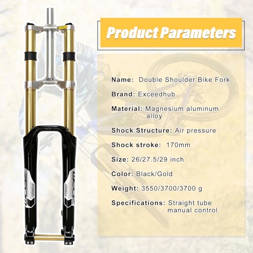 Exceedhub 26 Inch MTB Bike Suspension Fork - 170mm Travel, 110mm Hub Spacing, 1-1/8 Straight Tube, Thru Axle 20mm, Double Shoulder Aluminum Alloy Shock Absorber Bicycle Front Forks - Thumbnail 5