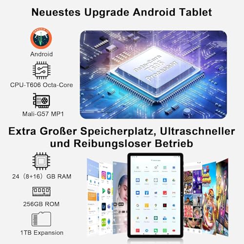 Tablet 11 Zoll Android mit 24GB RAM 256GB ROM TF 1TB, Octa-Core 2.0 GHz, 5G WiFi 6, Bluetooth 5.0, Widevine L1, 5MP+13MP, 8000mAh, 1280 * 800 IPS FHD, Gesichtserkennung, GPS, Tablet mit Case, Schwarz 4