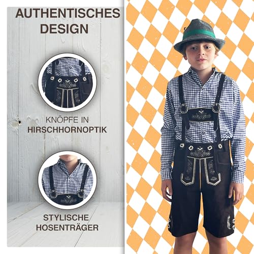 Jungen Kinderlederhose kurz braun Bestickt echtes Leder, authentisch und perfekt für das Oktoberfest, Bayrisch Outfit Trachtenbekleidung, Gr. 128
