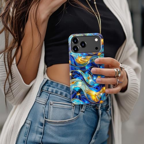Image of Goodon for iPhone 17 Pro Case Cute - Wireless Charging Compatible - Dual-Layer Hard Shell + Silicone Cover - Protective Phone Case with Trendy Designs for Women - Abstract Bule Gold Water