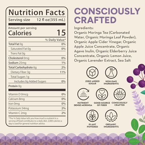 Image of RINGA Elderberry Lavender Lemonade Sparkling Drink - Organic Moringa + Apple Cider Vinegar with 3g Prebiotic Fiber - No Added Sugar, No Natural Flavors - Gut Health & Immunity Support - 12oz Cans