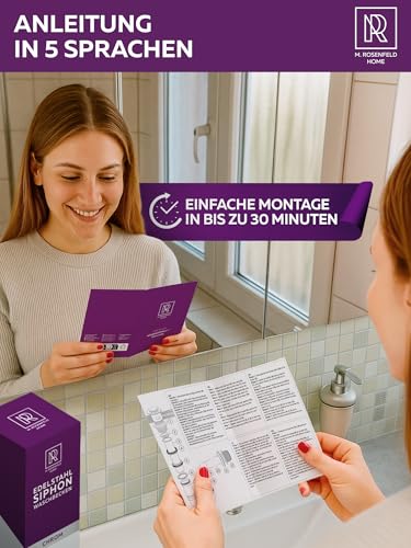 M. ROSENFELD HOME Siphon Waschbecken 1 1/4 – Verchromter Edelstahl Röhrensiphon – Geruchsverschluss – Abflussrohr mit Wandanschluss – Komplettset mit Dichtungen & Rosette 65 mm