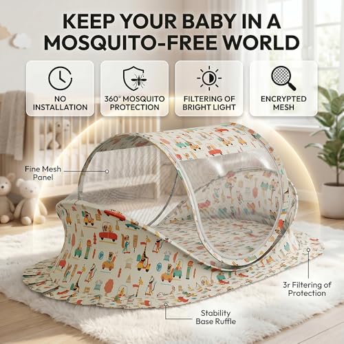 Image of StarAndDaisy Baby Mosquito net for Baby 0-12 Months with Mattress & Head Pillow for Infants, Toddlers,Baby, Breathable mesh-Mosquito Net (City Print)