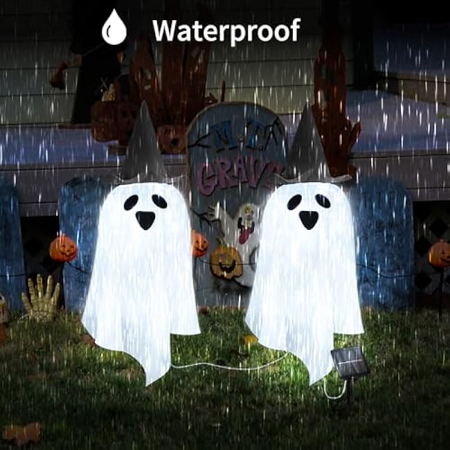 Solar Halloween Ghost LED Lights Outdoor, Set of 2 Big Ghost with Hat Stake Lights 2 Modes for Outdoor Halloween Pathway Yard Garden Decoration (Cool White-Ghost, 2 Pack)