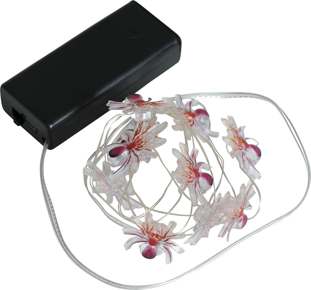 FIESTAS GUIRCA | Battery Operated Spider Garland with 10 LEDs (120 cm) - Halloween and Themed Party Decoration - Ideal for Lighting and Spooky Atmospheres - Orange