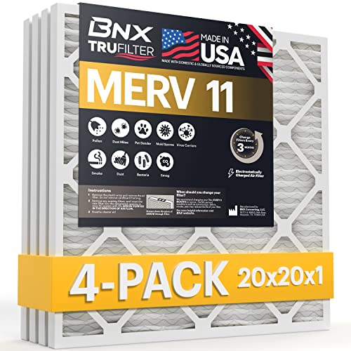 Image of BNX TruFilter 20x20x1 Air Filter MERV 11 (4-Pack) - MADE IN USA - Allergen Defense Electrostatic Pleated Air Conditioner HVAC AC Furnace Filters for Allergies, Dust, Pet, Smoke, Allergy MPR 1200 FPR 7