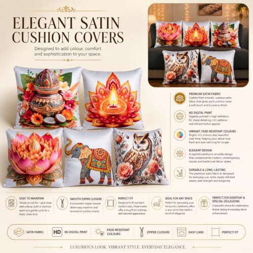 Image of Decorative Satin Cushion Covers Set of 5, 24 Inch x 24 Inch, Multicolor Realistic Traditional Motif Design, Lotus Diya Kalash Owl Elephant Digital Print, Zipper Closure (Anmol, 24X24 Inches)